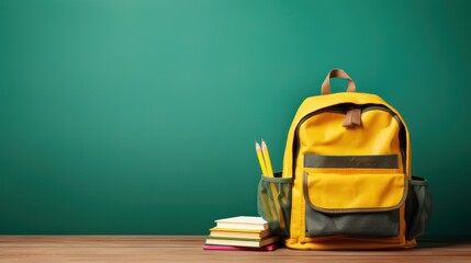 School desk with school accessories and backpack on chalkboard green background.