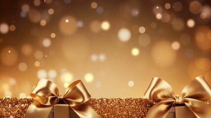 Seamless luxury gold background with golden ribbon elements with glittering light decoration.