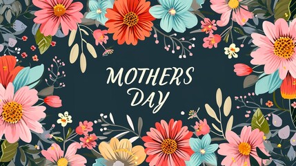 Fototapeta na wymiar Colorful floral decoration frame with the text MOTHERS DAY. Ai generative