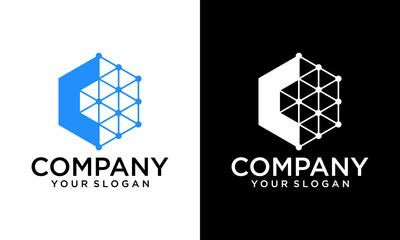 Creative hexagon Letter C logo design with point or dot symbol. C Letter with Dot hexagon Connected as Network Logo Vector - Vector