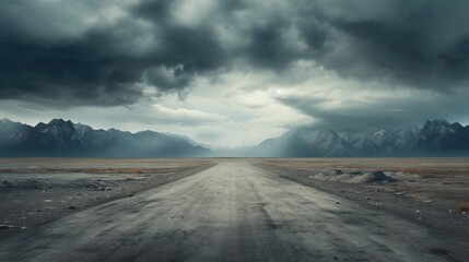 Storm clouds gathered on the road leading into the distance, towards the mountains. - obrazy, fototapety, plakaty