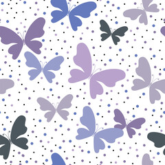 Fun simple seamless spring pattern with flying butterflies and colorful dots in pastel colors on a transparent background. Vector image