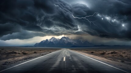 Storm clouds gathered on the road leading into the distance, towards the mountains.
