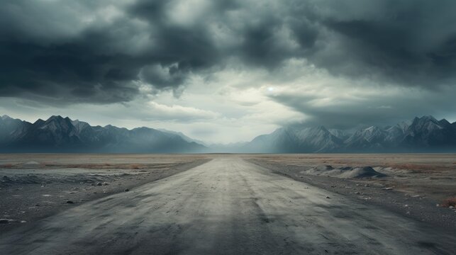 Storm clouds gathered on the road leading into the distance, towards the mountains.