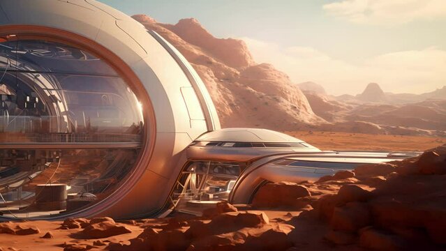A detailed view of a futuristic, selfsustaining habitat on the surface of Mars, designed to support human life and further exploration.