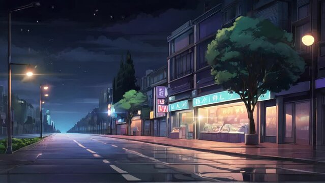 Animated illustration of a highway in front of a quiet shop, at night. Illustration with a shop theme, for marketing business needs. Background animation.