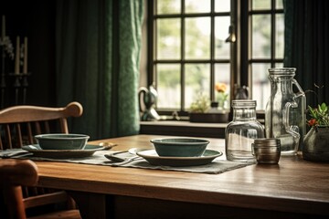 Rustic wooden dining table set near window in cozy home. Home interior and design.