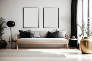 Scandinavian interior home design of modern living room with wooden bench and empty frame of empty mock up poster on white wall