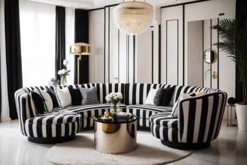 Interior home design of modern living room with black and white striped sofa in a luxurious room