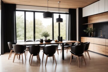 Interior home design of modern dining room with black chairs at wooden dining table with forest view window