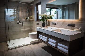 Modern bathroom interior with large shower and double sinks
