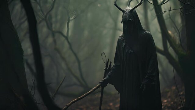 Horned cloaked figure with a scythe silently prowling shadowy woods.