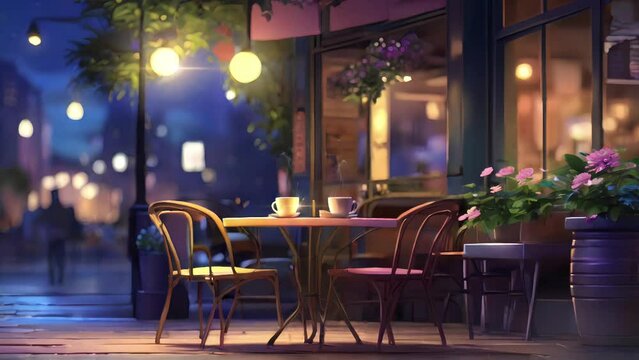 Animated illustration of a cup of warm coffee at a cafe table at night. illustration of a peaceful coffee shop at night. Background animation.