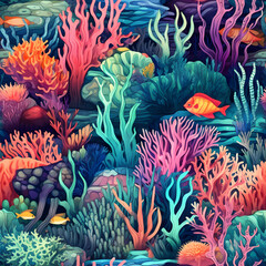 Coral Reef, Watercolor, oceanic tones, vector, Seamless patterns
