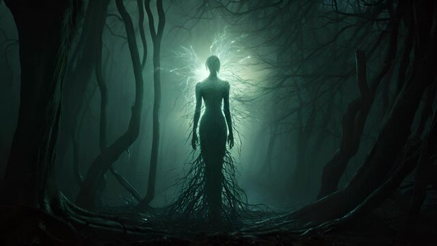 A spectral entity stands a the trees a shimmer of its presence fleeting and elusive.