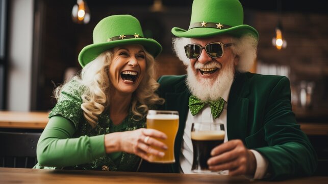 Joyful Couple Celebrating with Green Hats and Beer: St. Patrick's Day