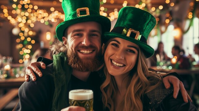 St. Patrick's Day Warm Embrace: Couple Enjoying Festive Beer Tasting