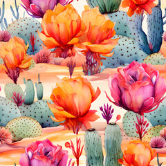 Vibrant Desert Blooms, Watercolor, warm tones, vector, Seamless patterns