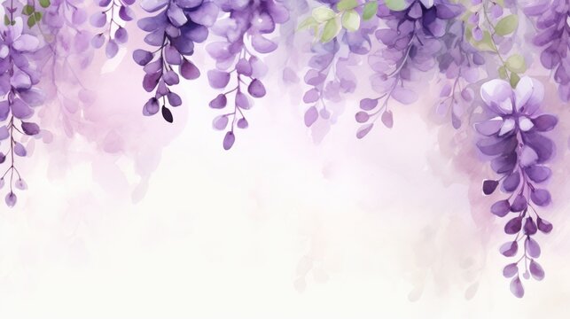 Wisteria flowers in watercolor background, card background frame, clipart for greeting cards, save the date, copy space. Perfect concept for wedding, Mother's Day, Valentine's Day, 8 March.