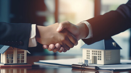 Concept of real estate and business. Property agent shake hands with customer after sigining contract to buy house. - obrazy, fototapety, plakaty