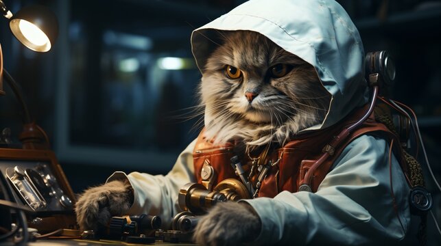 Cat wearing a spacesuit and working on a computer