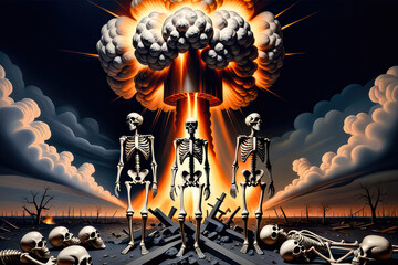 There are human skeletons in the background of a nuclear explosion. The concept of apocalypse, the end of the world.