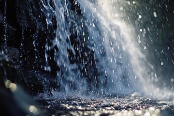 : A close-up of a cascading waterfall, capturing the flowing water as if it were a cascading silk gown. The play of light and water droplets evokes the sensation of a liquid couture masterpiece in a