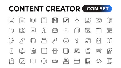 Set of outline icons related to content creation, media. Linear icon collection. Editable stroke. Vector illustration - obrazy, fototapety, plakaty