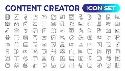 Set of outline icons related to content creation, media. Linear icon collection. Editable stroke. Vector illustration - obrazy, fototapety, plakaty
