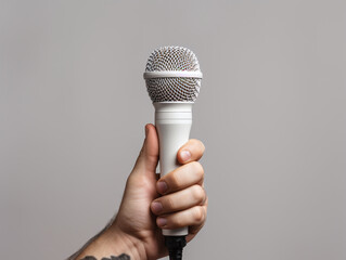 Man hand holding a microphone over a grey background.