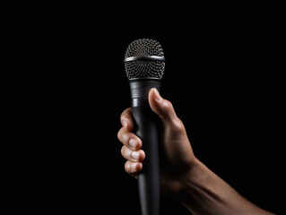 Man hand holding a microphone over a black background.