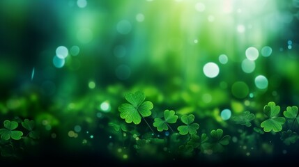 Lucky Shamrocks with Sparkling Bokeh – Festive St. Patrick's Day Background - obrazy, fototapety, plakaty