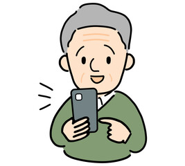 スマホを操作して笑顔のおじいちゃん