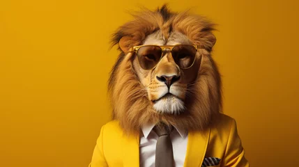 Schilderijen op glas Portrait of lion wearing yellow suit and sunglasses. © Shanorsila