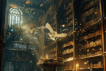 : A cosmic library suspended in the void, where books made of swirling galaxies float on shelves of stardust. Luminescent owls, guardians of this celestial knowledge, soar gracefully between the 