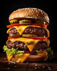 Big tasty stacked cheeseburger with beef, cheese and vegetables on dark background. - obrazy, fototapety, plakaty
