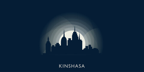 Kinshasa cityscape skyline city panorama vector flat modern banner illustration. Democratic Republic of the Congo country emblem idea with landmarks and building silhouettes at sunrise sunset night