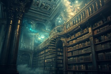 : A cosmic library suspended in the void, where books made of swirling galaxies float on shelves of...