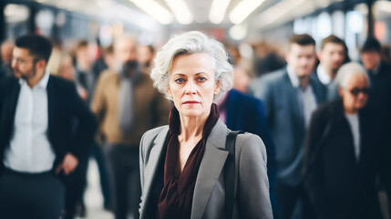 Modern adult woman, in an office suit against background of moving people. Portrait woman with a stern look