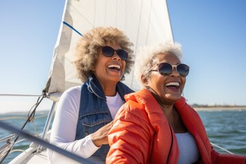 African american female seniors enjoying a sailing experience on a calm lake. Happy women sitting on the side of sailboat or yacht deck floating in sea and enjoying amazing view, sailing together