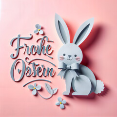 Obraz premium Easter Greetings. This is an image of a charming Easter-themed artwork featuring a cute grey paper bunny with a bow, surrounded by the German phrase “Frohe Ostern” (Happy Easter).