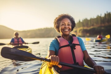 An elderly african american woman with friends, families, kayaking on a serene lake