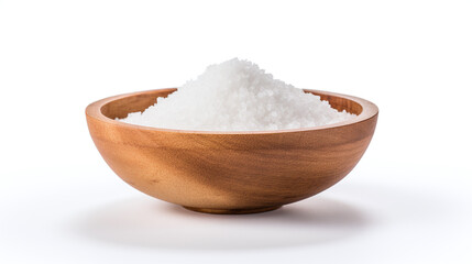 Salt in a wooden bowl isolated on white.