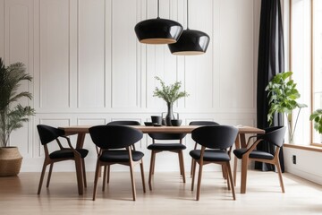 Interior home design of modern dining room with black chairs and wooden dining table in a classic room