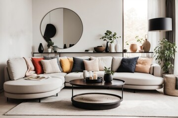 Fototapeta na wymiar Scandinavian interior home design of modern living room with beige sofa and round table with home decoration