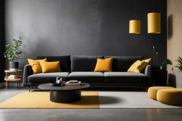 Interior home design of modern living room with sofa in a room with black wall