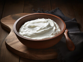 Yogurt in a wooden bowl.