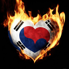 A heart painted in the colors of the South Korean flag is on fire.