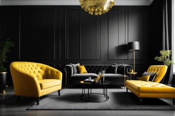 Interior home design of modern living room with luxury black and yellow sofa in classic room with black wall