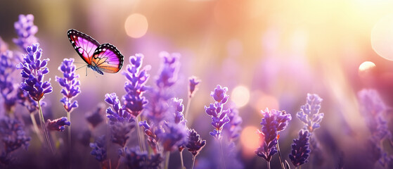 Morning panaromic view of flying butterfly over a blooming  lavender.